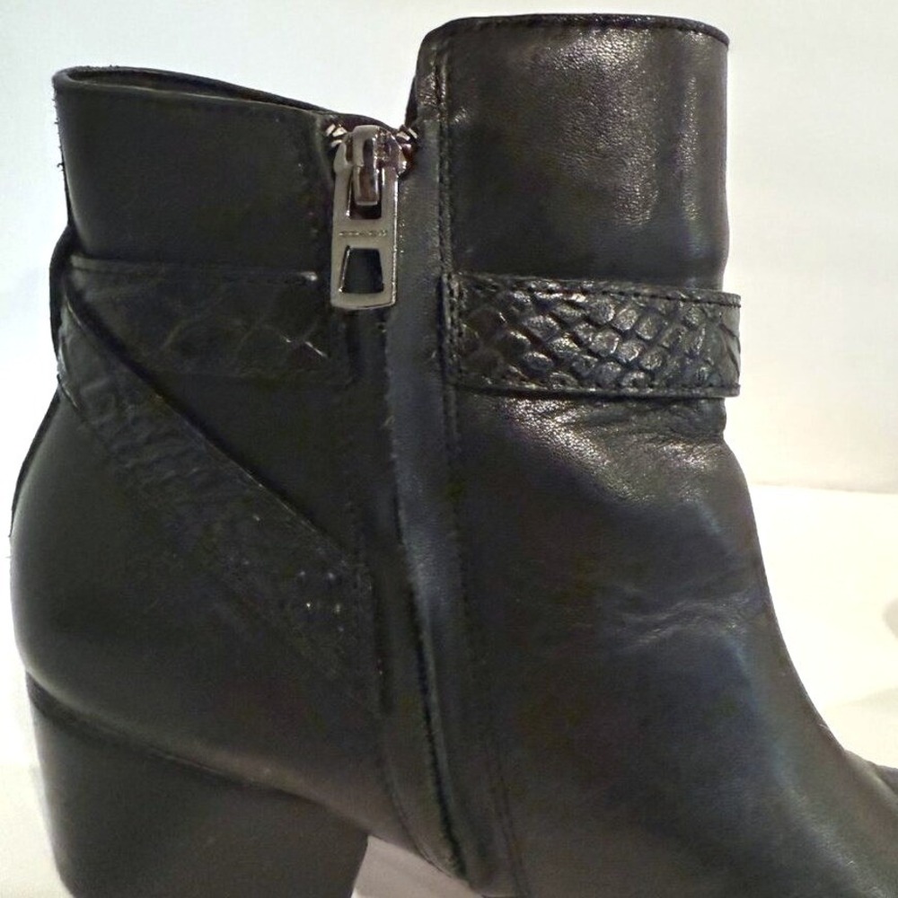 Coach Black Leather Snakeskin Strap Block Heel Ankle Booties Size 9B Round Toe - Picture 4 of 12